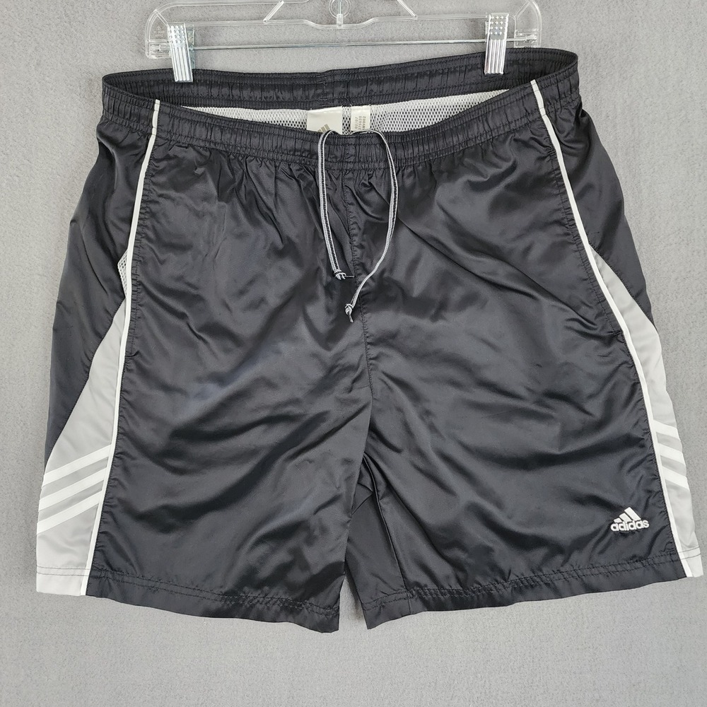 Adidas Mens M Black White Striped Mesh Lined Nylon Athletic Swim Shorts